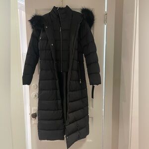 Tahari Long Black Puffer Coat with Fur Hood
